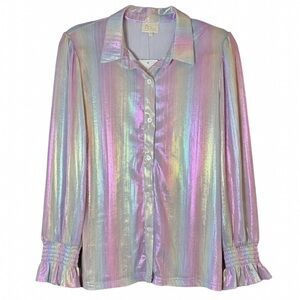 Layerz Clothing Iridescent Rainbow Candy Sparkle Button Down Top Size XS NWT